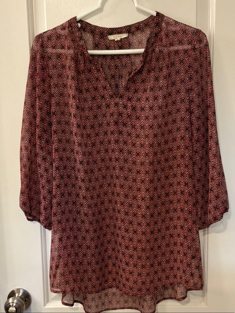 Pleione Burgundy Geo-Print Sheer Tunic Blouse